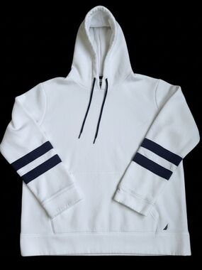 Nautica White Navy Stripe Sleeve Pullover Hoodie Sweatshirt Size Large